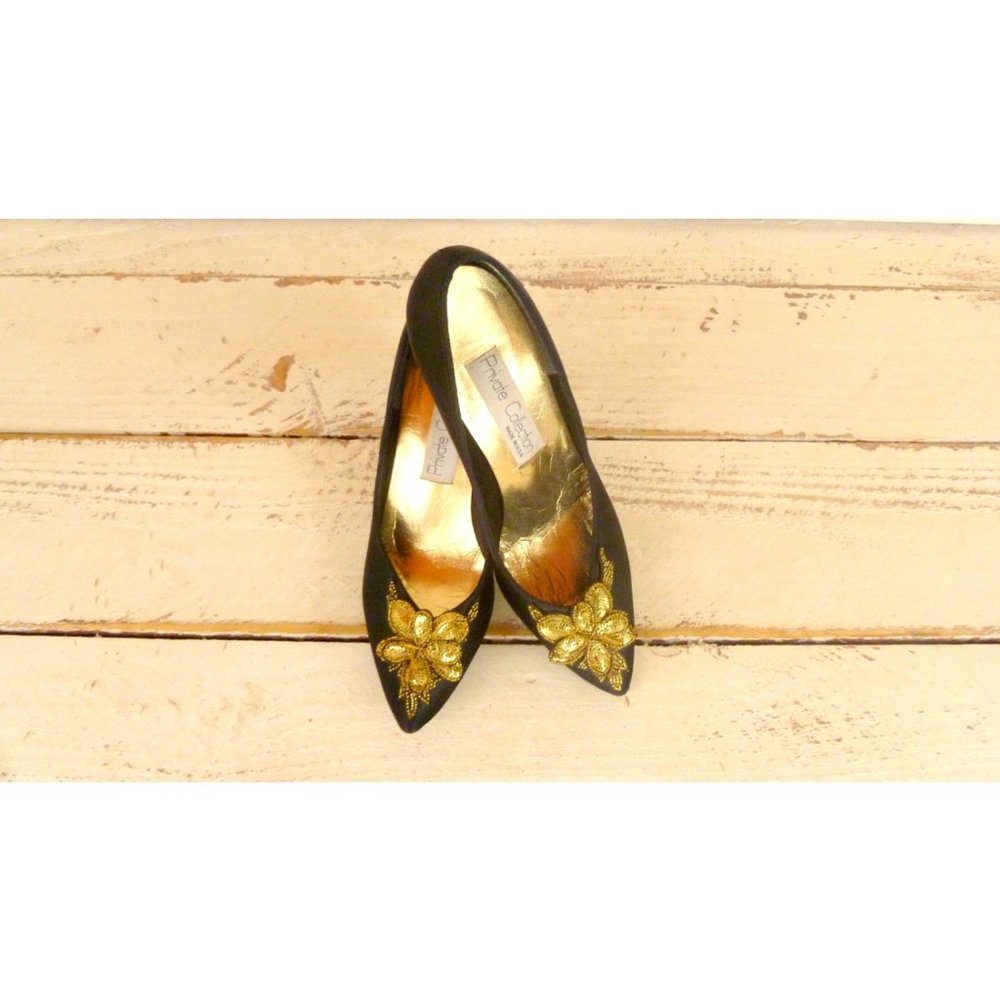 Black satin gold sequins high heel vintage shoes